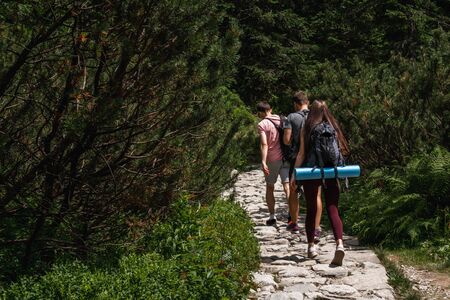 Young travelers hikers with bagpacks walking in the mountains, freedom, achievment and active...