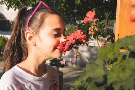 Side view portrait of young beautiful girl with pink sunglasses on her head that enjoying the smell of red flowers with closed eyesの写真素材