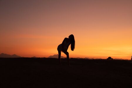 Silhouette of young woman with loose haire in front of the sunset among the desert, colorful sky on the backgroundの写真素材