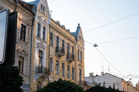 Old beautiful buildings with Austrian architecture, summer sunny day