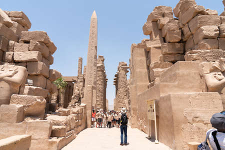 View to an entrance of ancient temple ruins with a pillars and a palm trees on first plan. Sunny summer day with a blue sky. The Luxor Temple complex in Egypt.のeditorial素材
