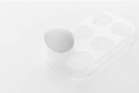 Egg in a plastic fridge holder against a white backgroundの写真素材