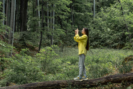 Beautiful brunette woman with loose hair photographing trees through smart phone