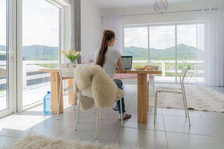 Young professional female manager using laptop at her office, businesswoman working from home via...