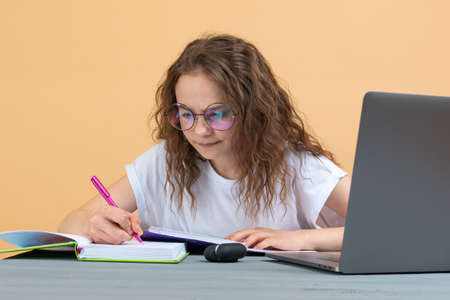 Young curly teenage female student preparing for exams at homeの写真素材
