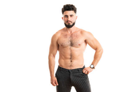 Bodybuilder posing. Beautiful sporty guy male power. Fitness muscled man. Sport concept with copy spaceの写真素材