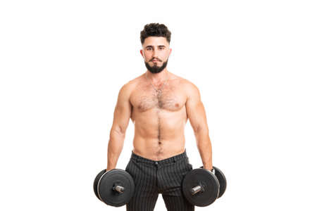 Muscular man with dumbbells isolated on the white background. Strong male naked torso absの写真素材
