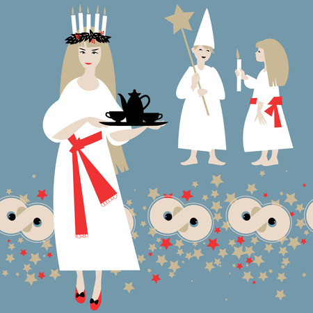 Saint Lucia. Swedish Christmas tradition. St. Lucias Day. Scandinavian Christmas. Vector illustrationのイラスト素材