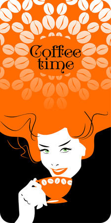 Coffee time. Woman with cup of coffee. Coffee party vintage card. Vector illustrationのイラスト素材