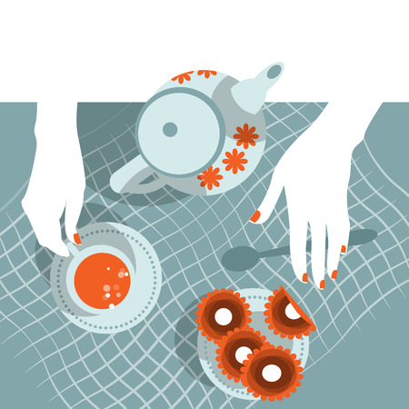 A pot and cup filled with a hot drink, cookies on a table. Vector illustrationのイラスト素材