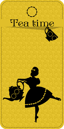 Tea time. Plump woman pouring tea. Tea party vintage card. Vector illustrationのイラスト素材