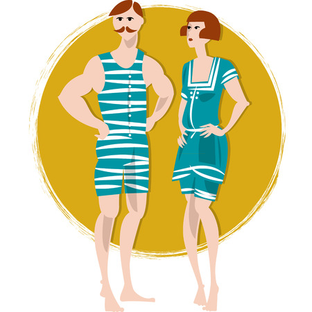 Couple in swimwears. Retro style. Art deco. Vector illustrationのイラスト素材