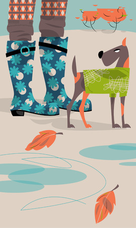 Person with a dog. Season concept. Autumn. Vector illustrationのイラスト素材