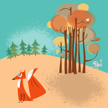 Autumn landscape. Fox and rabbit. Vector illustrationのイラスト素材