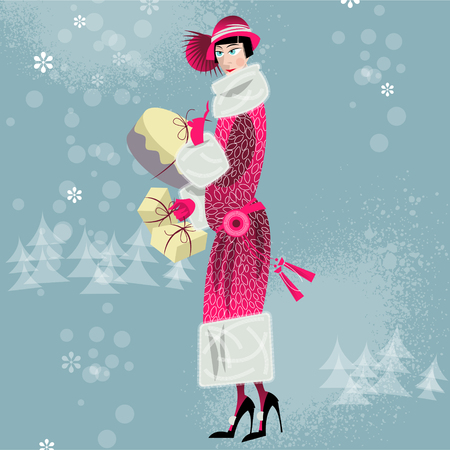 Winter. Woman shopping. Retro style. Art deco. Vector illustration.のイラスト素材