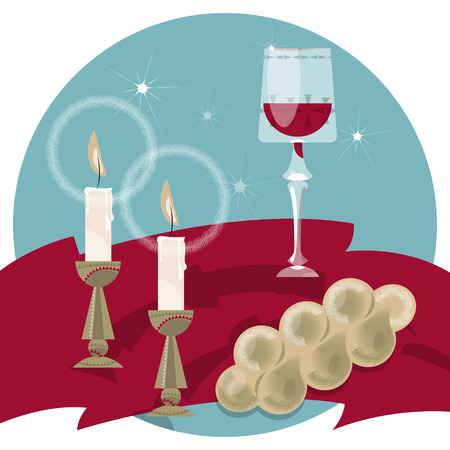 Shabbat shalom. Candles, kiddush cup and challah. Jewish traditions. Vector illustrationのイラスト素材