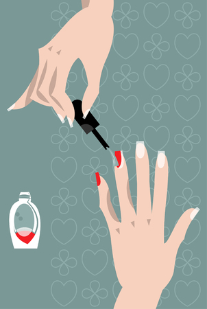 Woman applying nail polish on fingers. Manicure. Vector illustrationのイラスト素材