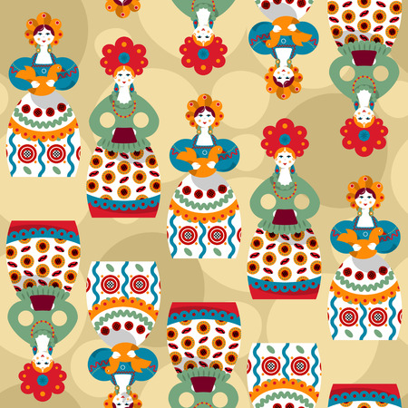 Russian traditional handmade doll. Dymkovo toys. Russian souvenir. Seamless background pattern. Vector illustrationのイラスト素材