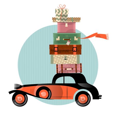 Retro voyage. Car and stack of suitcases. Travel concept. Vector illustration.のイラスト素材