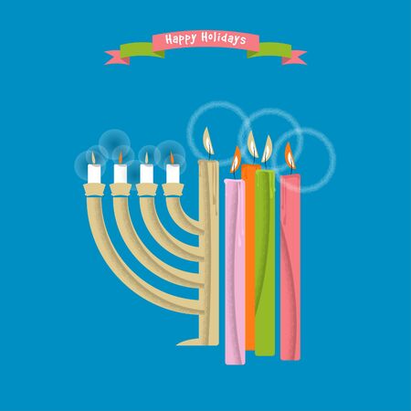 Happy Holidays. Cards with Christmas and Hanukkah candles. Vector illustration.のイラスト素材