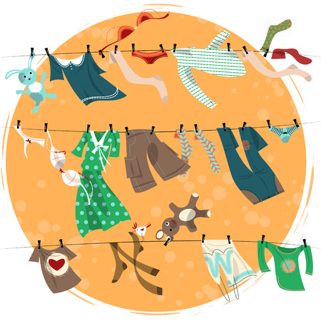 Colorful laundry drying on a washing lines. Vector illustrationのイラスト素材