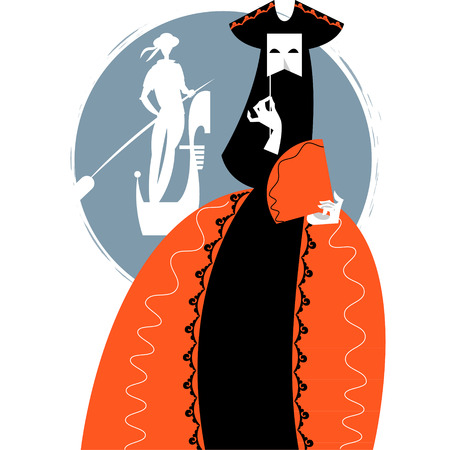 Carnival of Venice. Woman with a mask and gondolier. Vector illustrationのイラスト素材