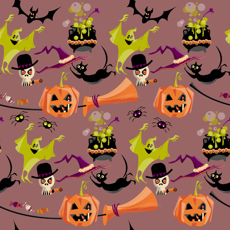 Set of traditional Halloween elements. Broom, cauldron, cat, hat, bat, candy, ghost, spider, pumpkin, skull. Seamless background pattern. Vector illustrationのイラスト素材