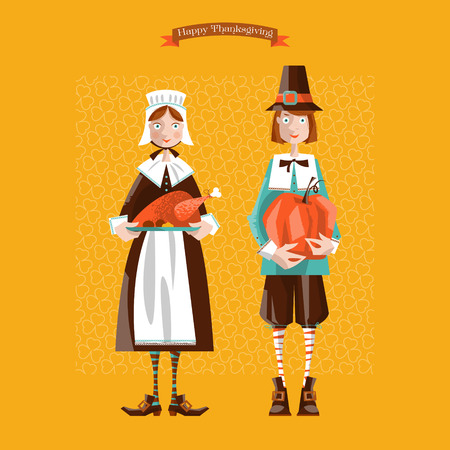 Pilgrim couple. Thanksgiving card. Vector illustrationのイラスト素材