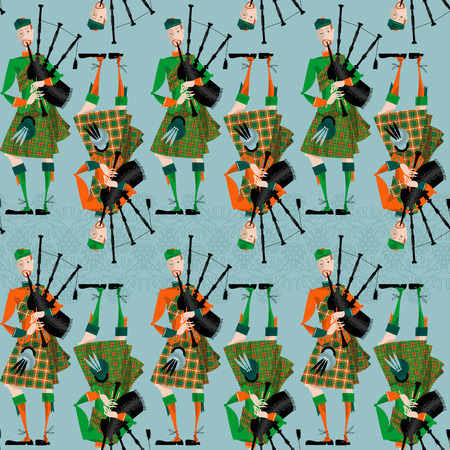 Scottish Bagpiper in uniform. Seamless background pattern. Vector illustration