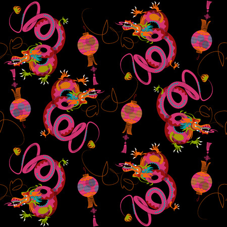 Chinese New Year. Dragon dance. Seamless background pattern. Vector illustrationのイラスト素材