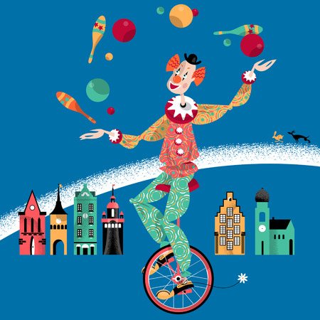 Clown on unicycle juggling with balls and pins. Vector illustrationのイラスト素材