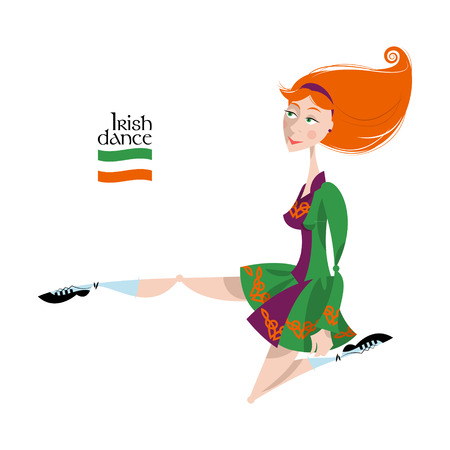 Dancing Irish girl in traditional dress. St. Patricks Day. Vector illustrationのイラスト素材