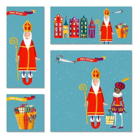 Set of 4 universal cards with Sinterklaas and Zwarte Piet. Christmas in Holland. Template. Vector illustrationのイラスト素材