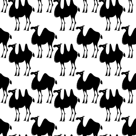 Camels with traditional decoration. Black and white. Seamless background pattern. Vector illustrationのイラスト素材