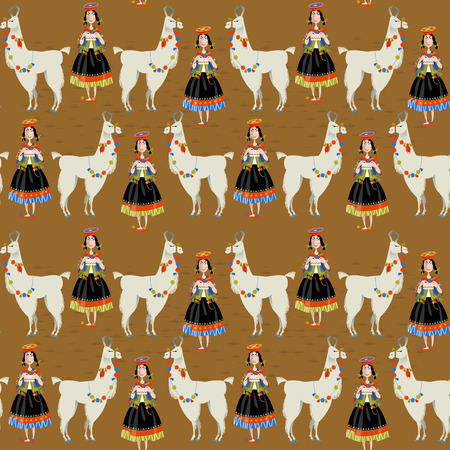 Lama Alpaca and knitting Peruvian woman. Seamless background pattern. のイラスト素材