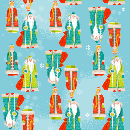 Ded Moroz Grandfather Frost and Snegurochka Snow Maiden. Russian Christmas. Seamless background pattern. のイラスト素材