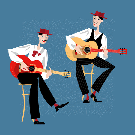 Two men playing a guitar. Spanish flamenco guitarists. Vector illustrationのイラスト素材