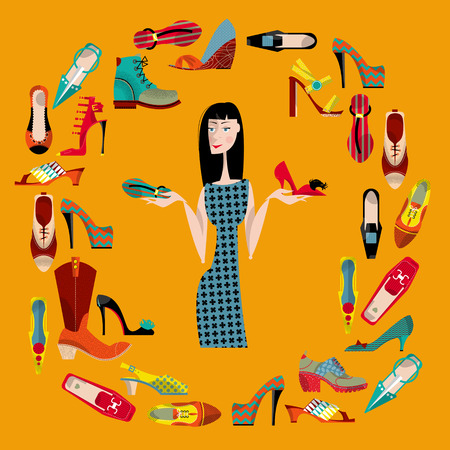 Woman with collection of  shoes. Shopping Time. のイラスト素材