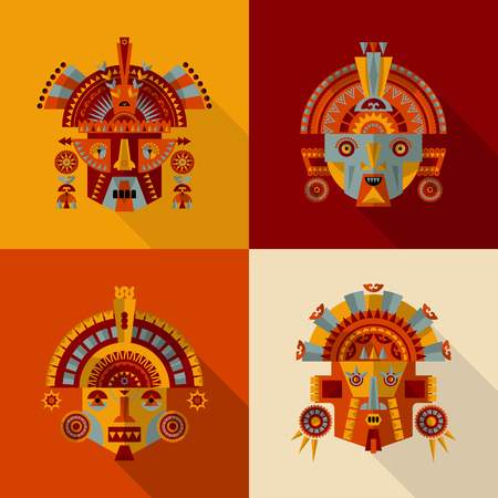 Set of 4 Inca masks. Vector illustrationのイラスト素材