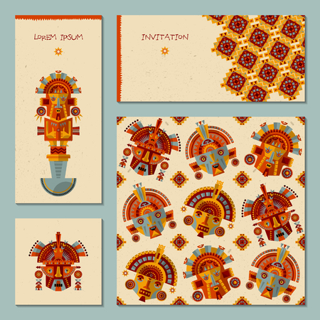 Set of 4 universal cards with Inca masks. Template. Party, birthday, holiday. Vector illustrationのイラスト素材