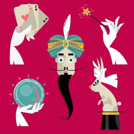 Magic set. Magician with magic top hat, magic wand, white gloves, magic crystal, playing cards. Vector illustrationのイラスト素材