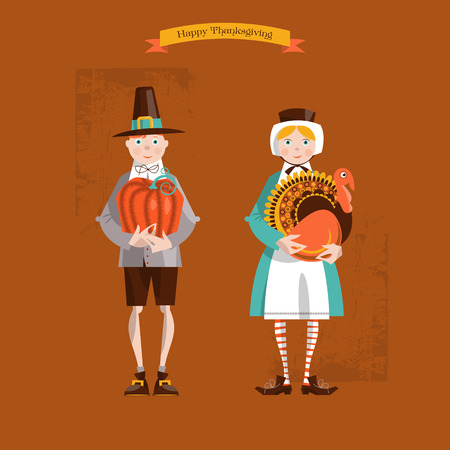 Boy and girl pilgrims with turkey and pumpkin. Thanksgiving card. Vector illustrationのイラスト素材