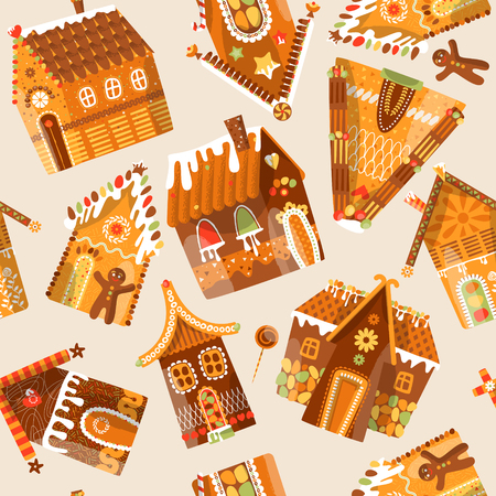 Festive gingerbread houses. Christmas tradition. Seamless background pattern. Vector illustrationのイラスト素材