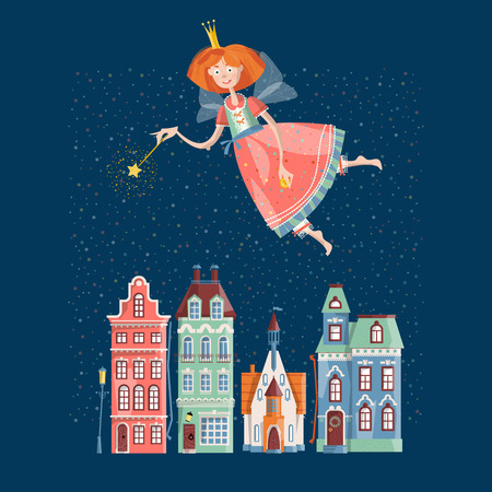 Flight of the tooth fairy over the night city. Vector illustrationのイラスト素材