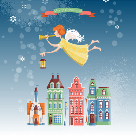 Christmas angel with trumpet and lamp flying over the winter city. Merry Christmas. Vector illustrationのイラスト素材