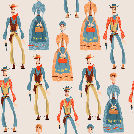 Wild west. Cowboy and girl. Seamless background pattern. Vector illustrationのイラスト素材