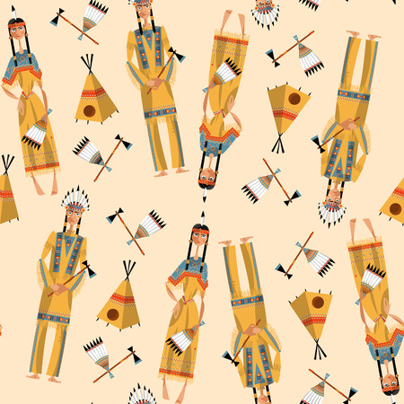 Native american indian couple in traditional clothing. Seamless background pattern. Vector illustrationのイラスト素材
