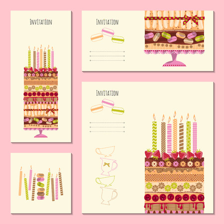 4 invitation cards with big multilayer cake. Template. Birthday, anniversary, childrenâs party, special event. Vector illustrationのイラスト素材
