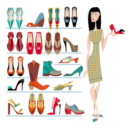 Woman with collection of  shoes on white background. Shopping Time. Vector illustrationのイラスト素材