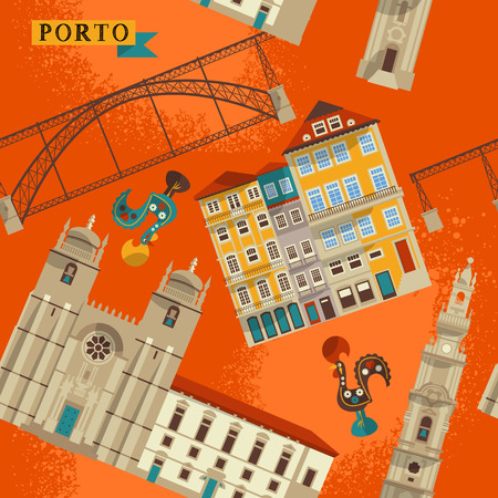 Sights of Porto. Portugal, Europe. Seamless background pattern. Vector illustrationのイラスト素材